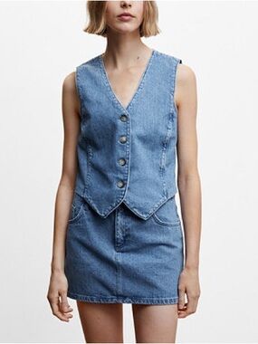 Mango Blue Jean Denim Button Down Vest Size M